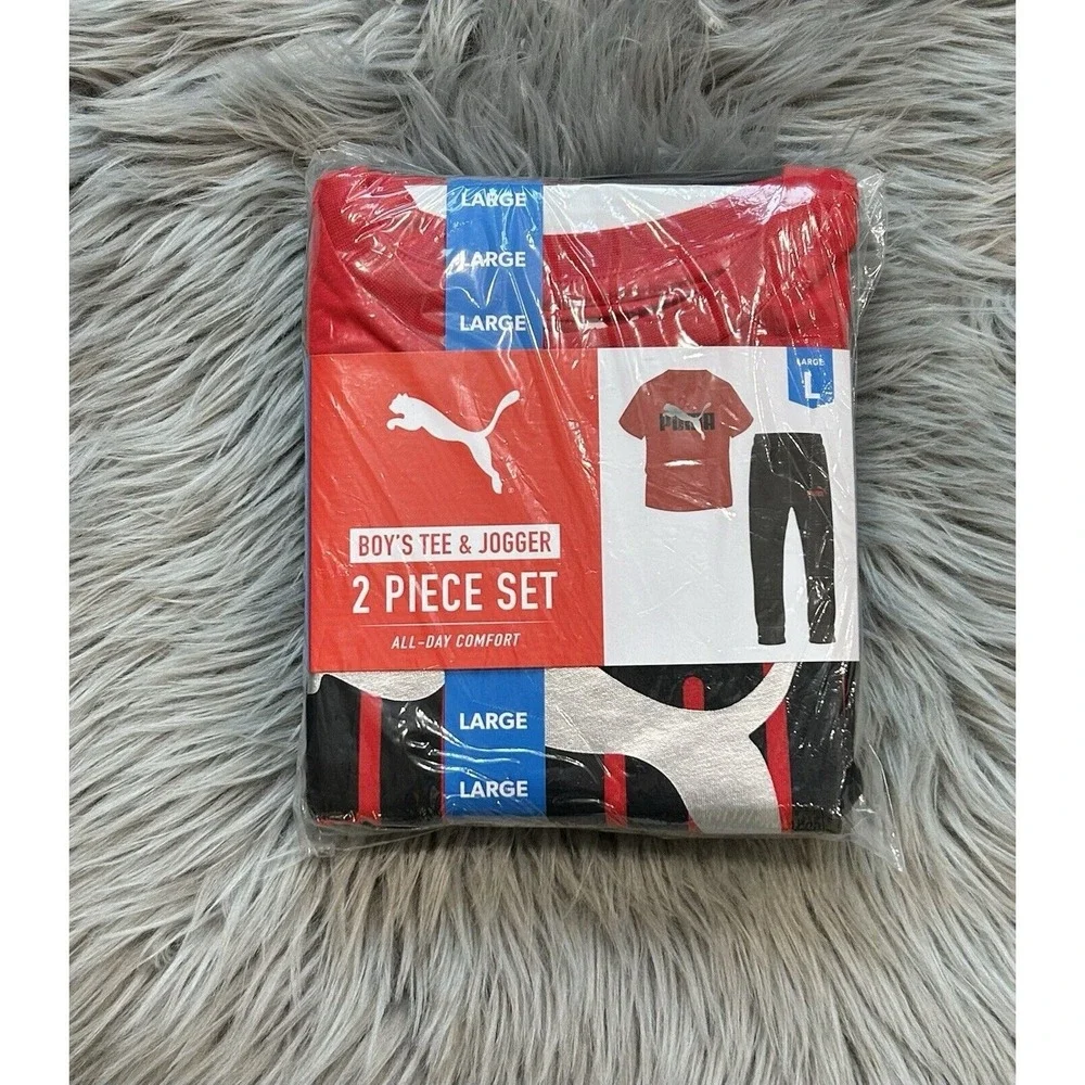Puma Boy's All Day Comfort 2 Piece Tee‎ and Jogger Set (Red/Black, L) - Picture 2 of 4